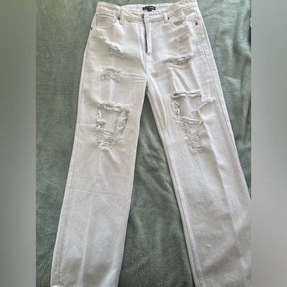 White Ripped Straight Leg Jeans - Picture 1 of 4